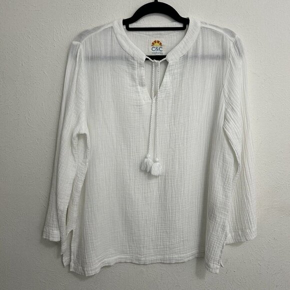 C & C California Nolan White Double Gauze Tunic Top Size M Side Splits Cotton - Picture 3 of 10